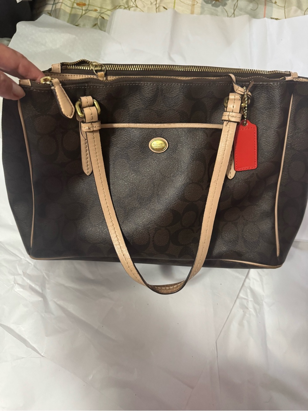 Coach Dark Brown Signature Tote with Tan Trim and Red Tag
